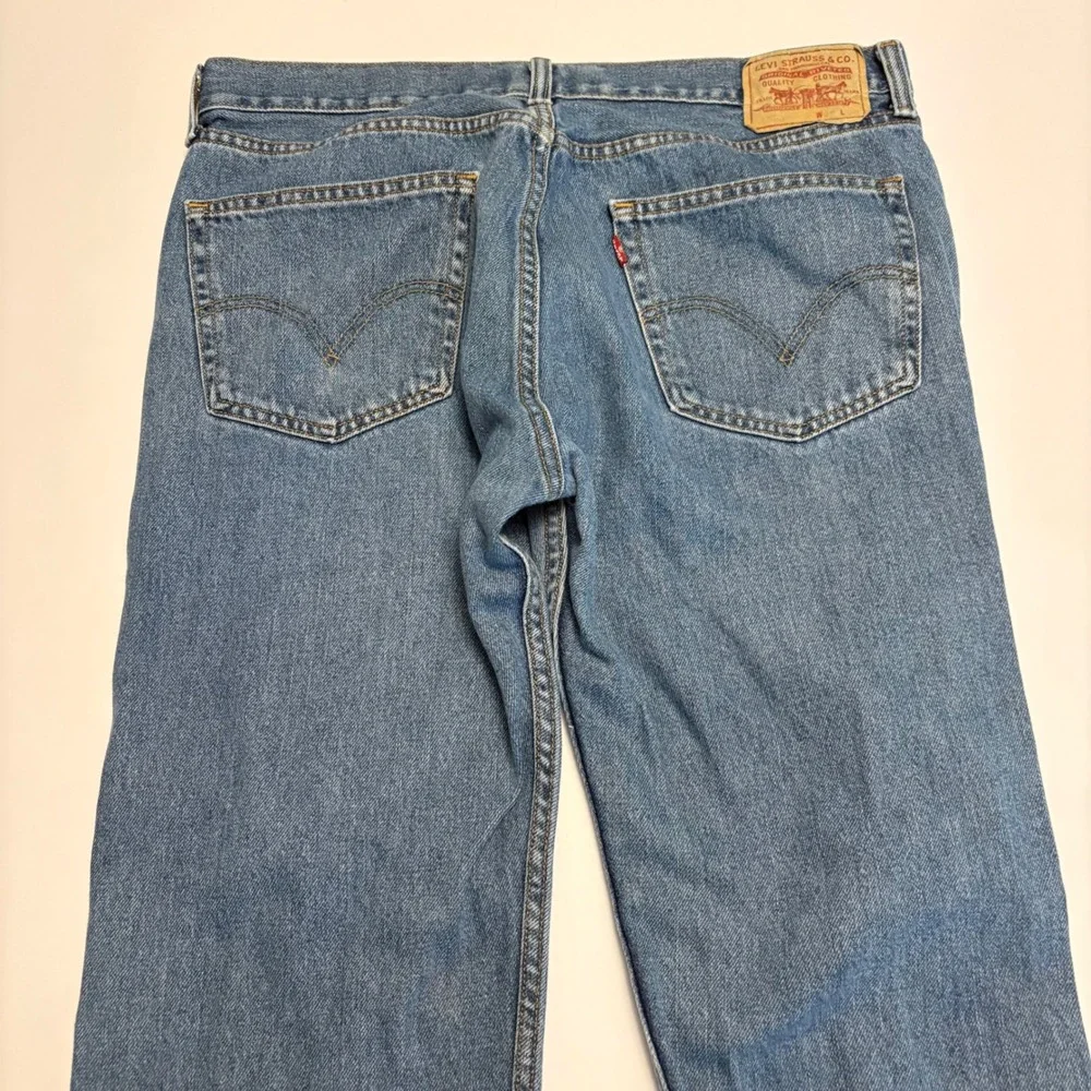 Levis 505 Straight Fit Jeans Mens 36x30 Blue Raw Hem Distressed Denim